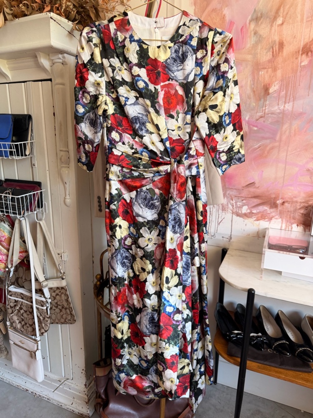 ERDEM Red, White, Navy & Yellow Floral Tie-Waist Long Sleeve Midi Dress